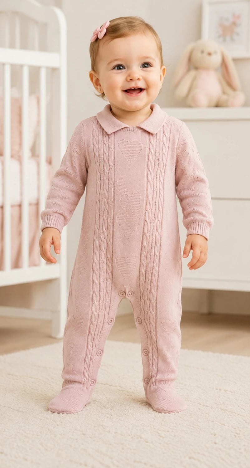 Knitted Baby Romper with Peter Pan Collar - Pale Pink - Has Bereket - by Peralane