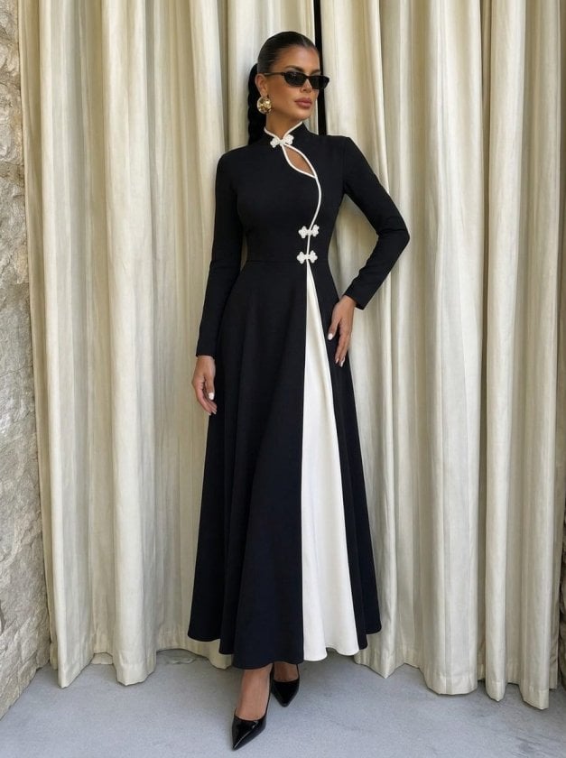Women's Long Black Crepe Dress with Mandarin Collar and White Panel - Janes - by Peralane - photo 2