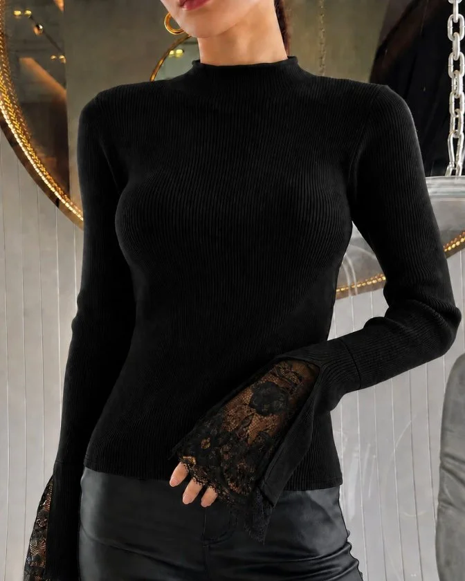Women's Long Sleeve Half Turtleneck Blouse with Lace Detailed Sleeves - Black, Pack of 6 - Janes - by Peralane
