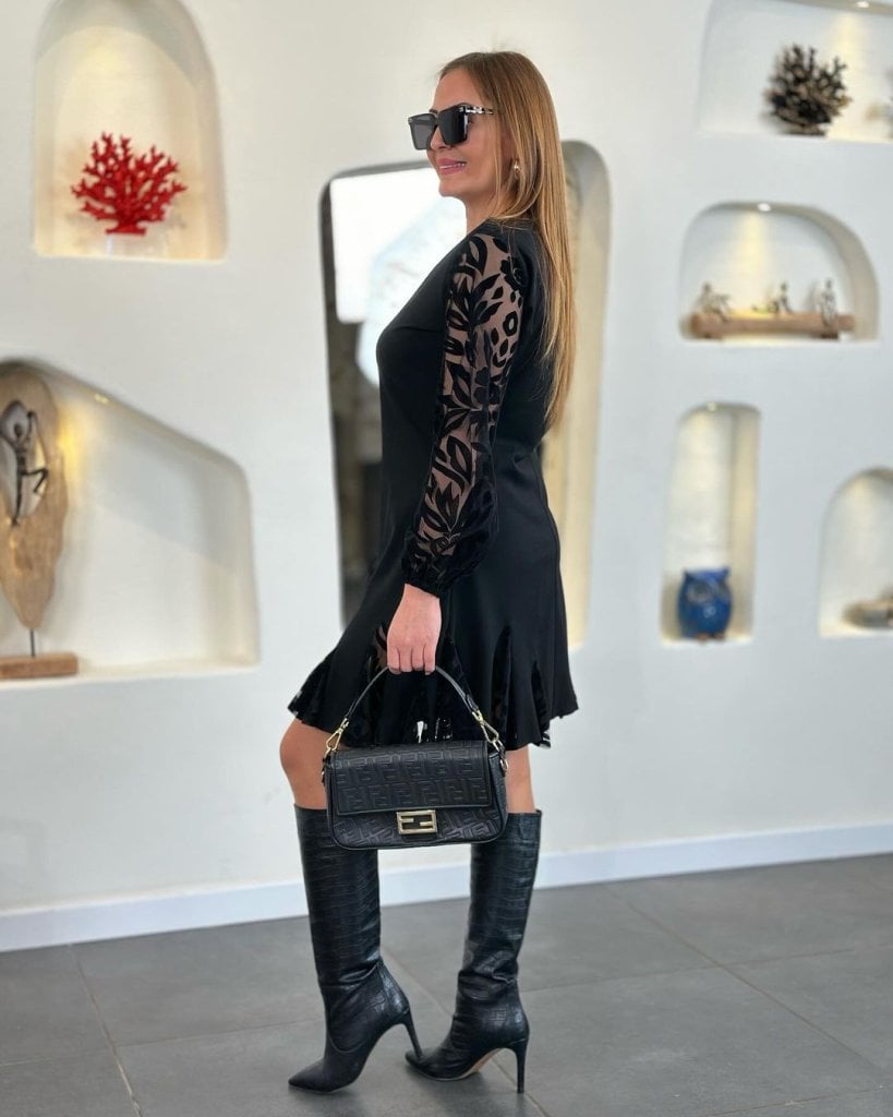 Women's Long Sleeve Round Neck Crepe Dress with Sheer Leaf Sleeves and Hem Detail - Janes - by Peralane - photo 10