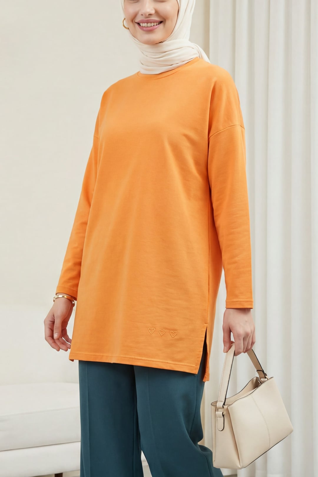 Orange Heart Detail Slit Relaxed Knit Tunic - Podyumplus - by Peralane - photo 4