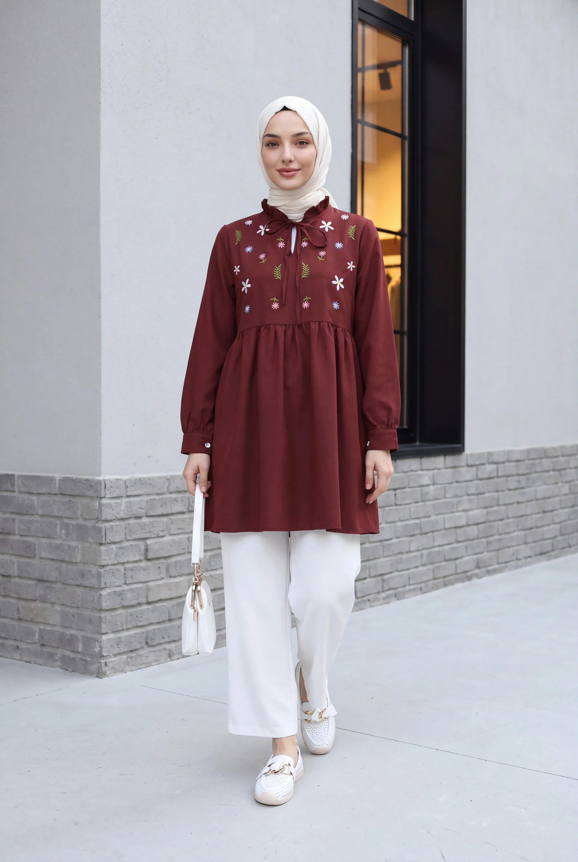 V-Neck Tie-Front Ruffled Floral Embroidered Poplin Tunic - Burgundy - Podyumplus - by Peralane - photo 2