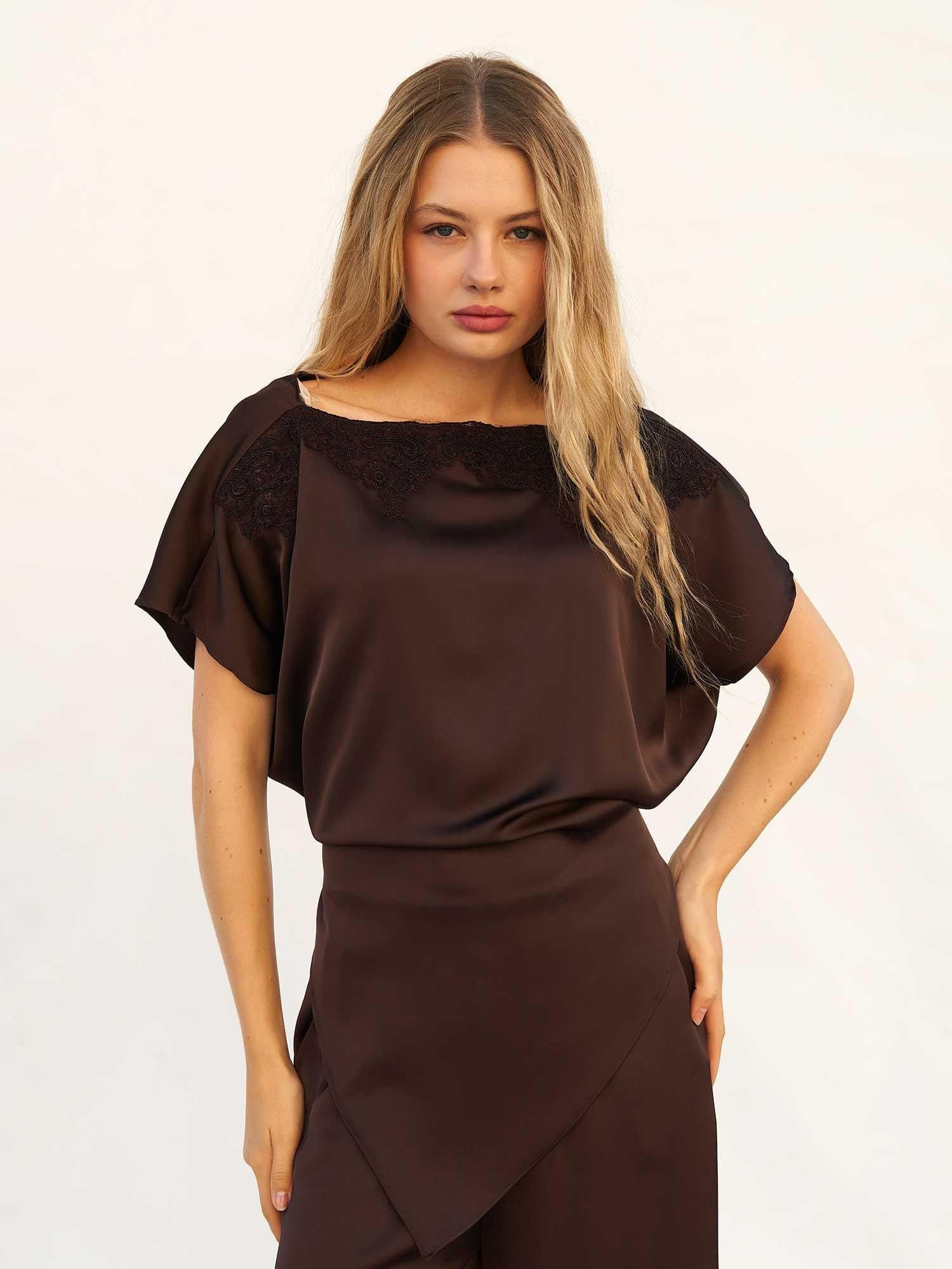 Lace-Trimmed Boat Neck Top and Asymmetrical Wrap Wide-Leg Trousers Set - Lefon - by Peralane - photo 2