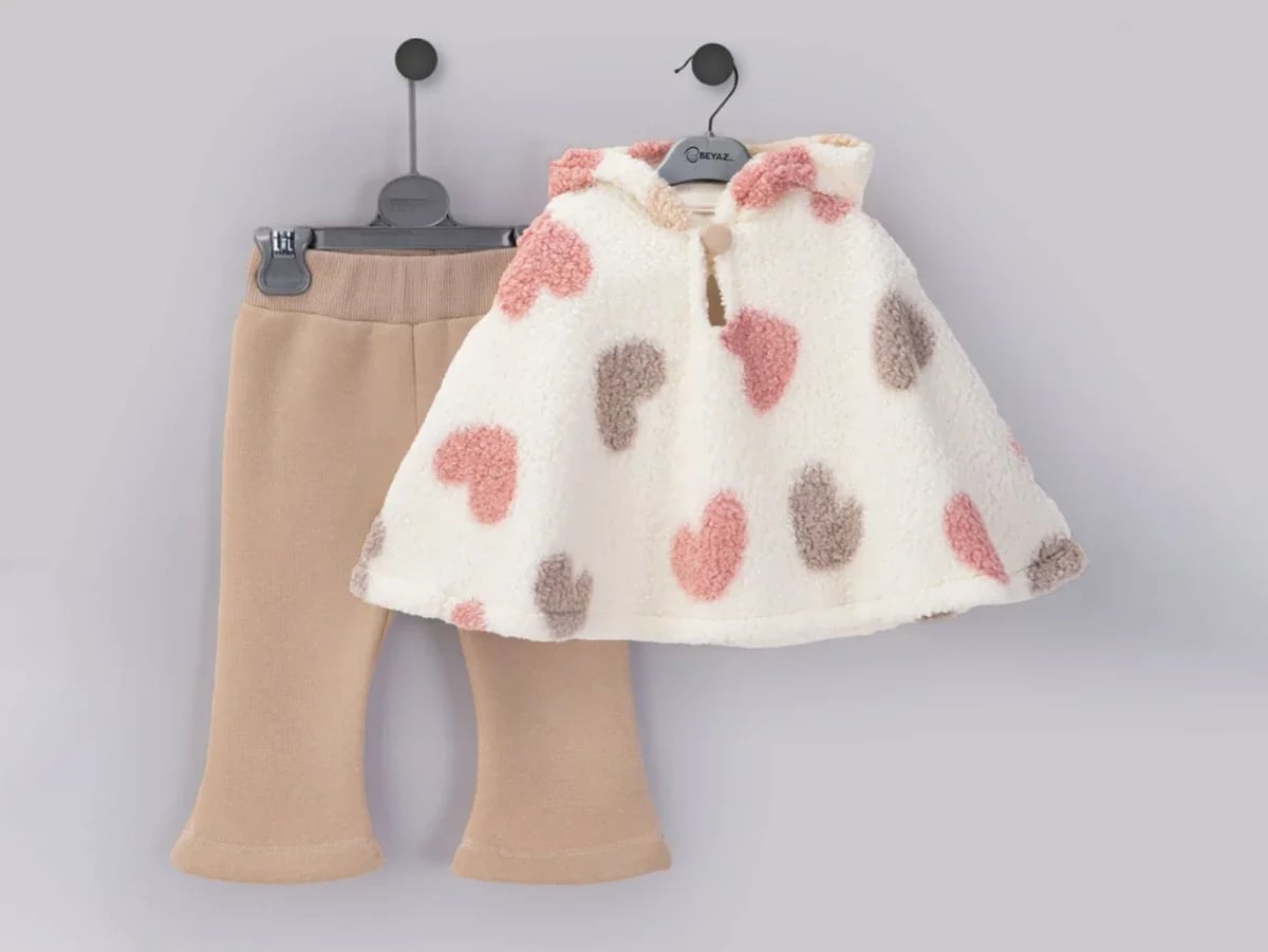 Heart Pattern Fleece Girls Baby Set - Cape and Trousers - Beyaz Bebek - by Peralane