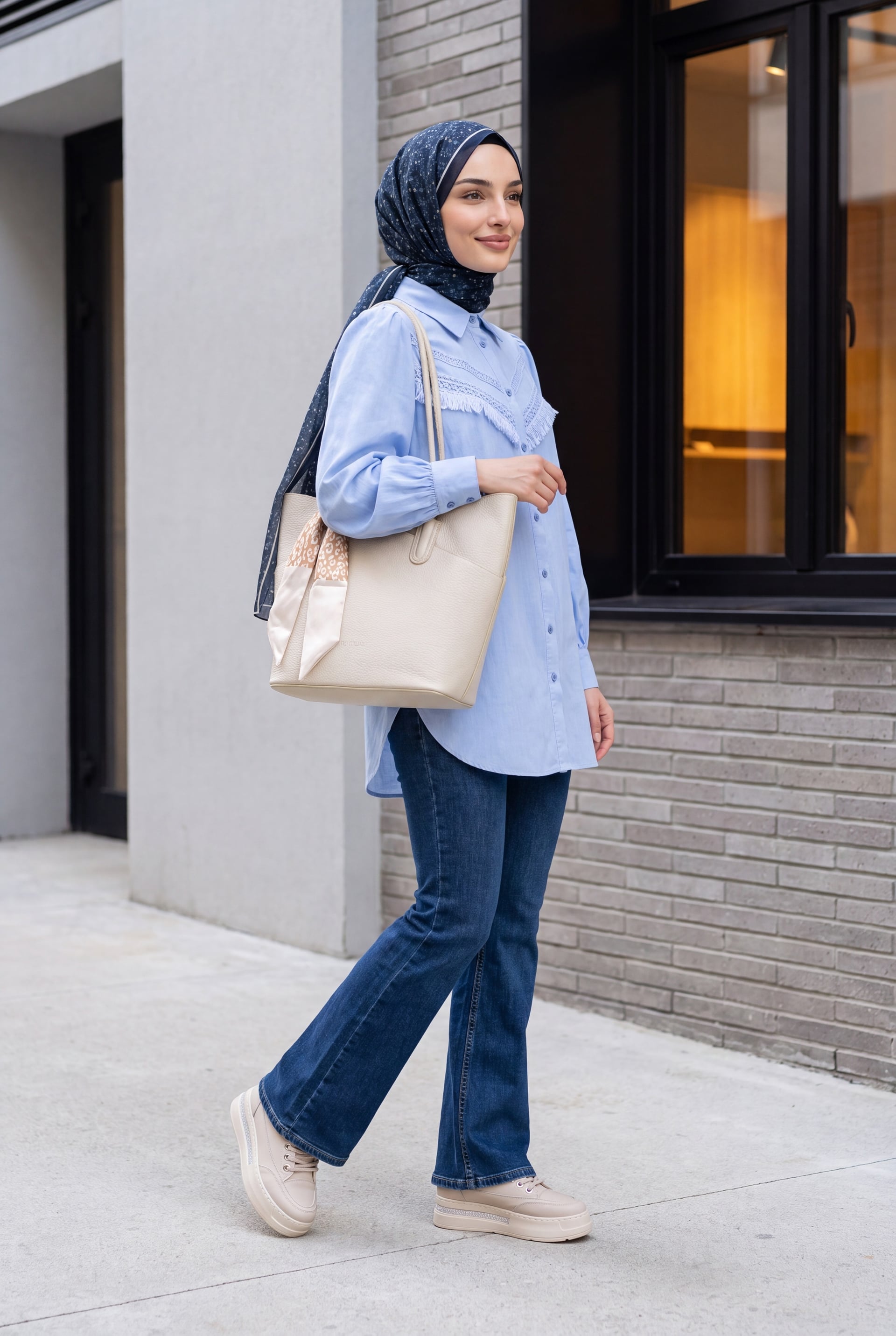 Light Blue Puff Sleeve Tunic with Lace Details - Podyumplus - by Peralane - photo 5