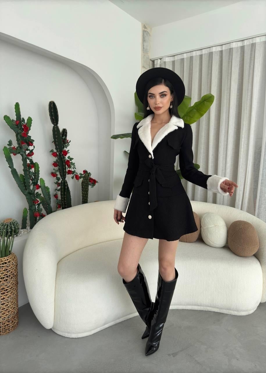 Black Jacket with Faux Fur Trim and Tie Belt - Etika - by Peralane - photo 2