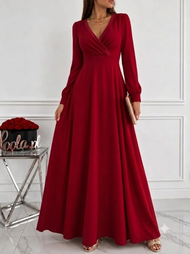 Women's Long Sleeve Wrap Neck Pleated Waist Corset Detail Long Crepe Dress - Janes - by Peralane