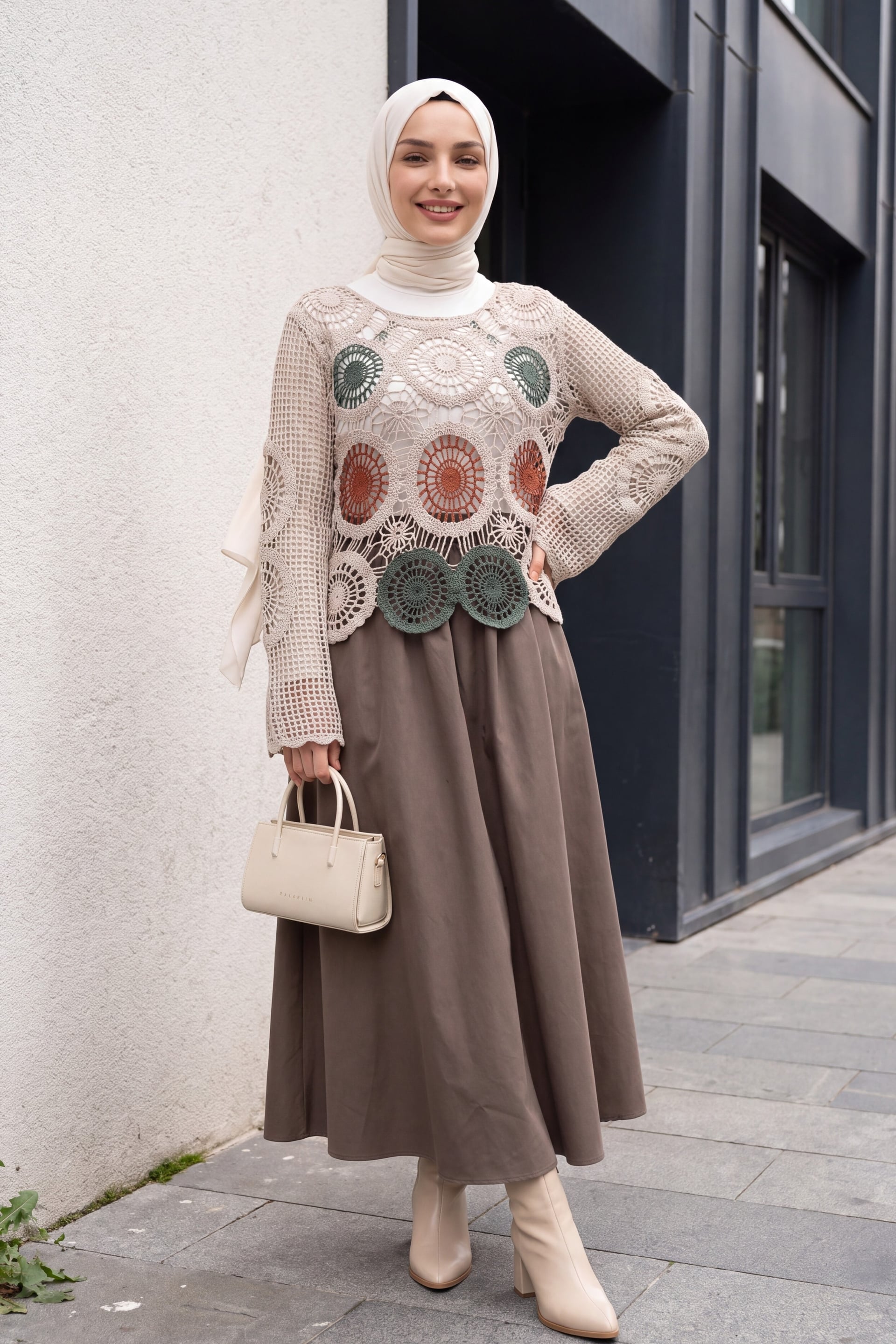 Beige Crochet Boat Neck Blouse with Colorful Motifs - Podyumplus - by Peralane - photo 6