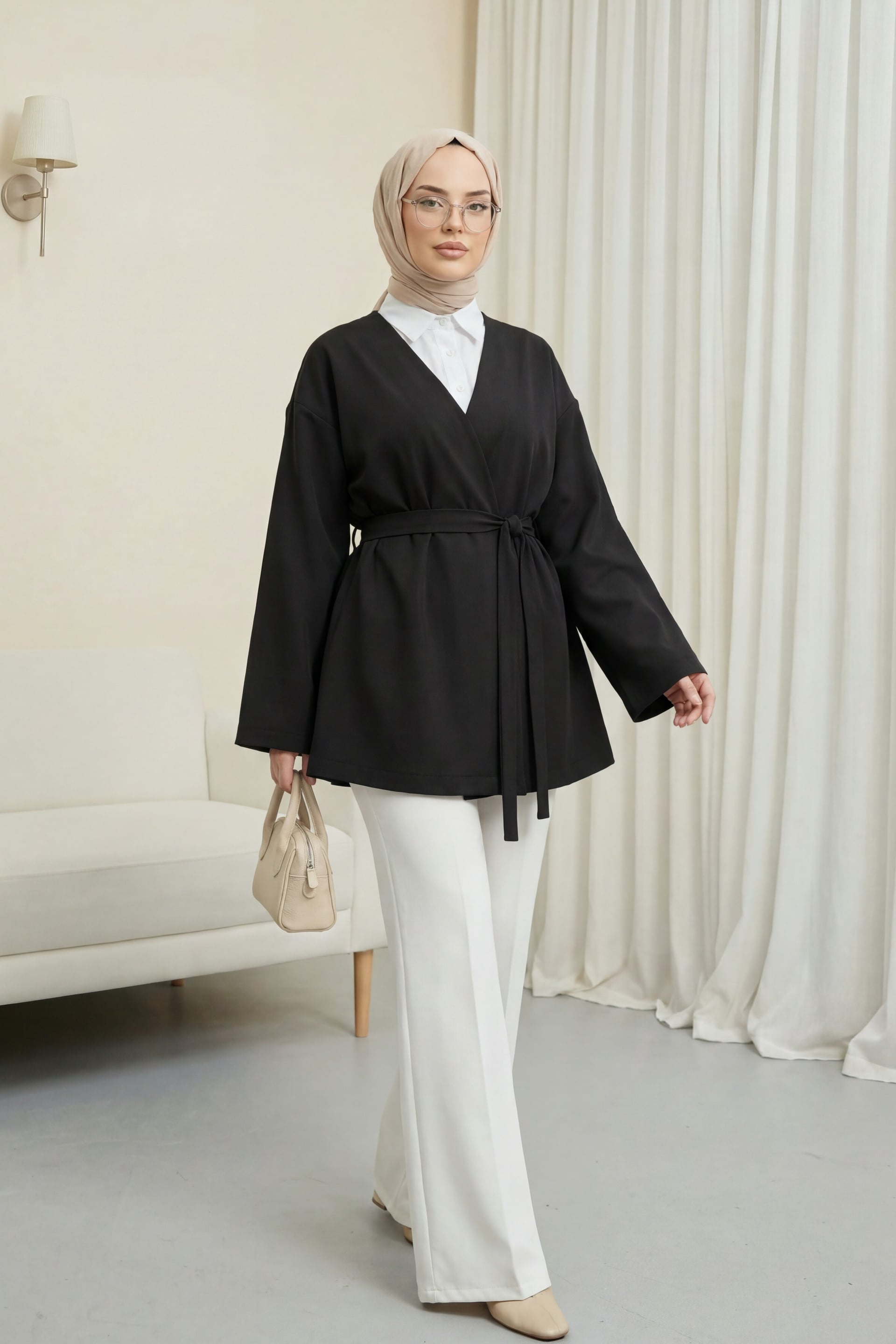Black Belted V-Neck Scuba Kimono for Women - Podyumplus - by Peralane - photo 2