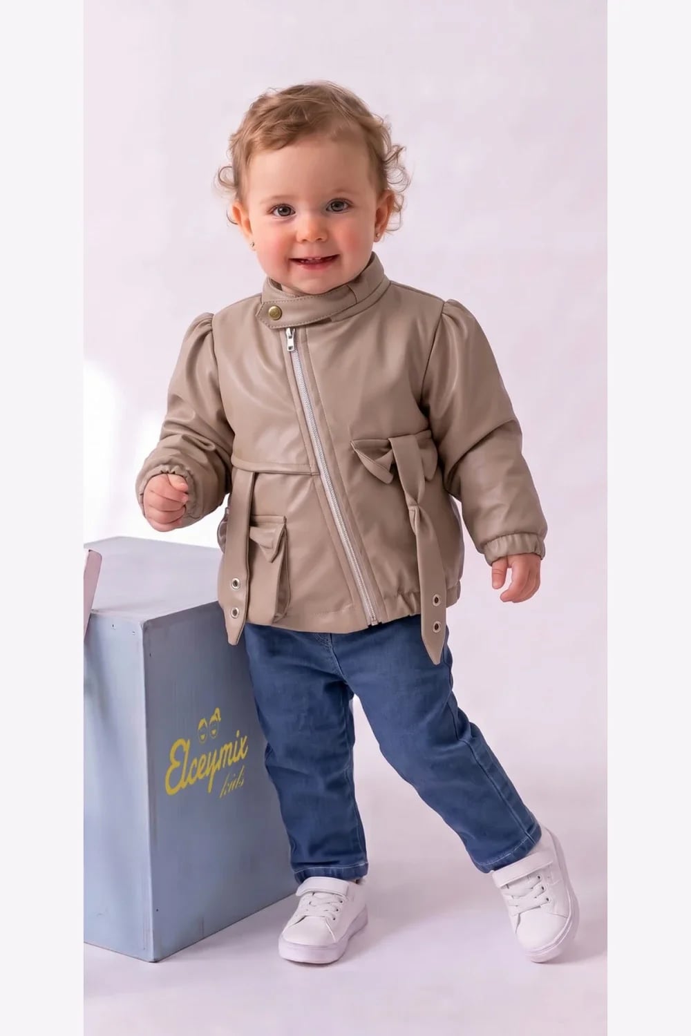Girls' 3-Piece Set with Faux Leather Jacket - Beige - Has Bereket - by Peralane