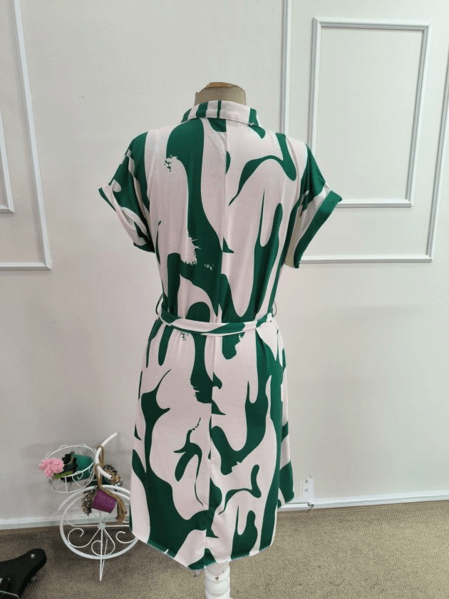 Women's Short Sleeve V-Neck Tie Waist Midi Suprem Dress in Cream and Green Abstract Print - Janes - by Peralane - photo 5