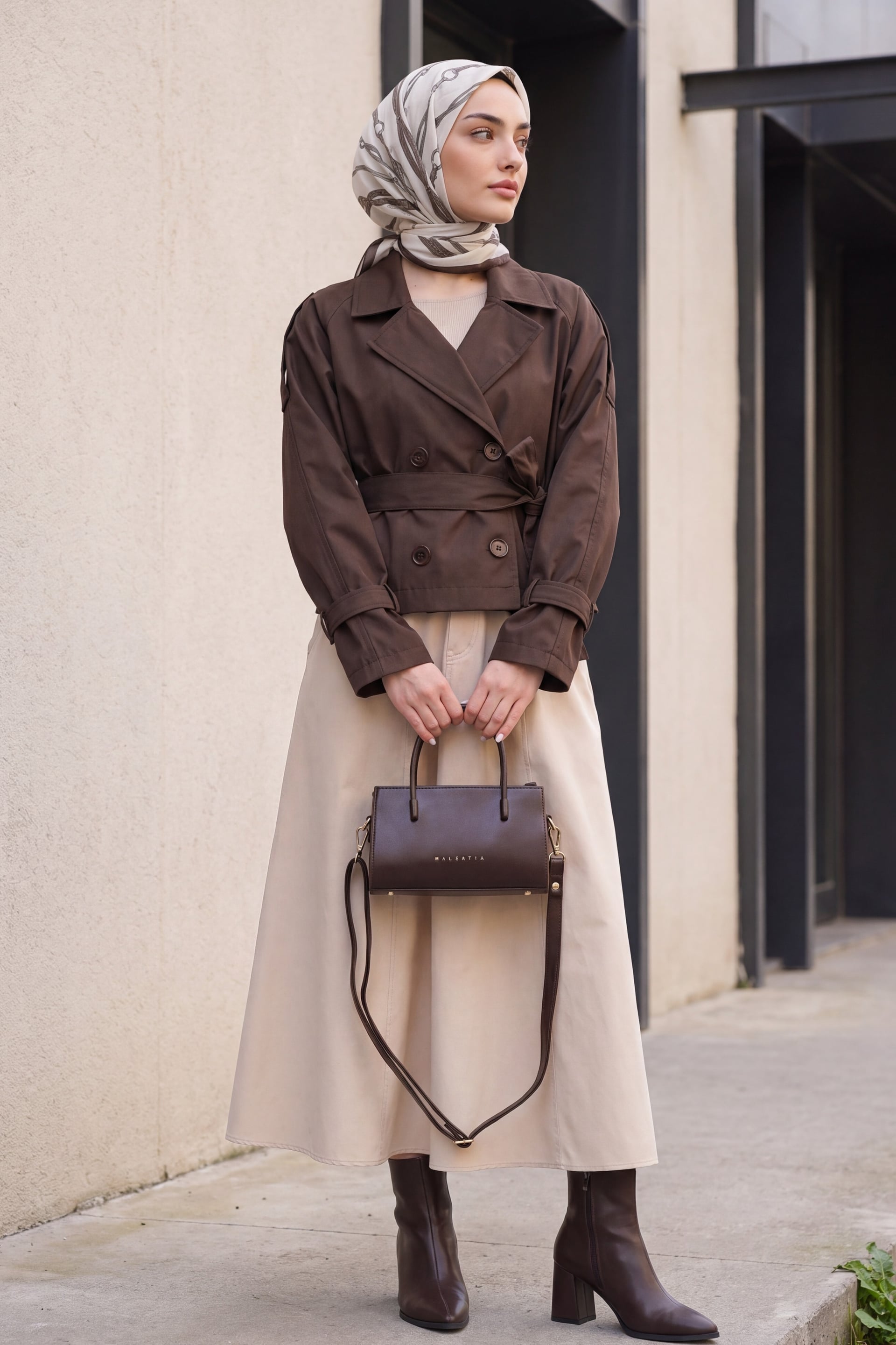 Women's Belted Short Trench Coat with Tie Belt - Light Brown - Bigdart - by Peralane - photo 4
