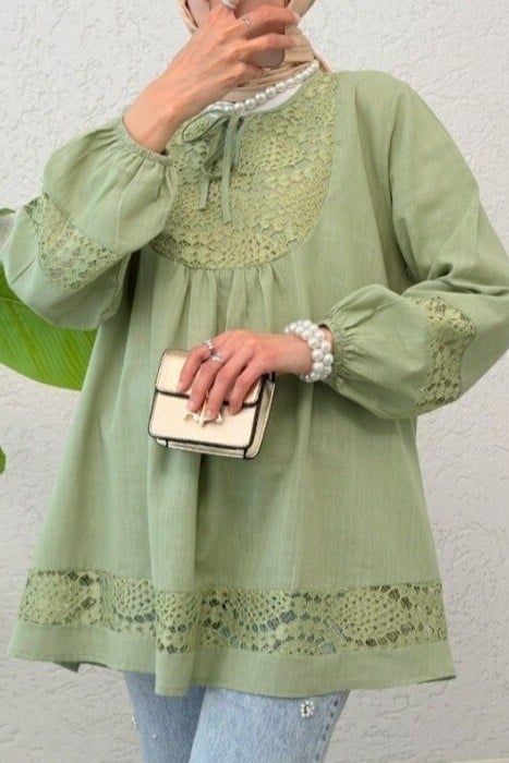 Lace Detail Tie Neck Long Sleeve Tunic - Light Green - Podyumplus - by Peralane - photo 7