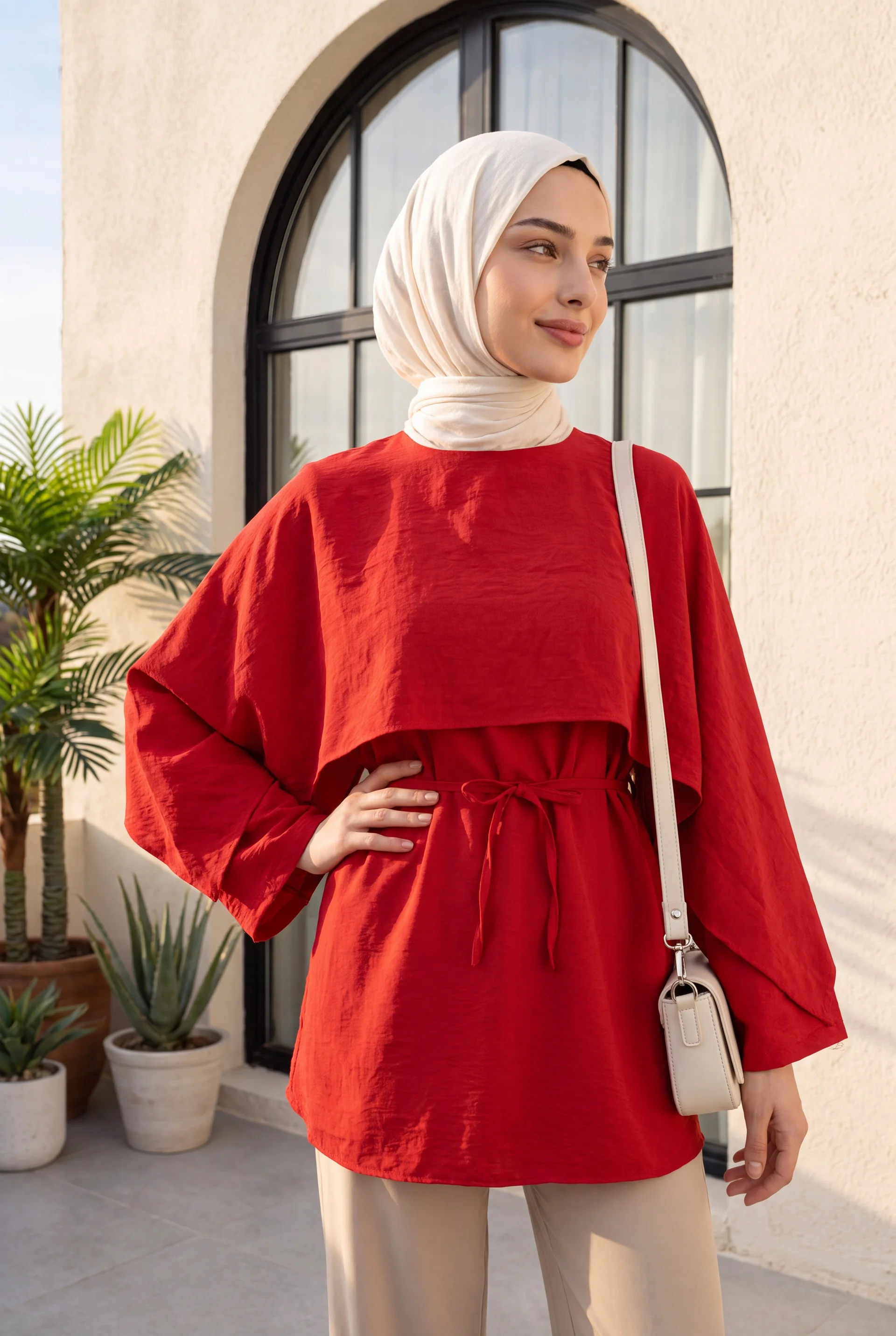 Red Voile Tunic with Cape Detail and Belt - Women's Modest Two-Piece Set - Podyumplus - by Peralane - photo 2