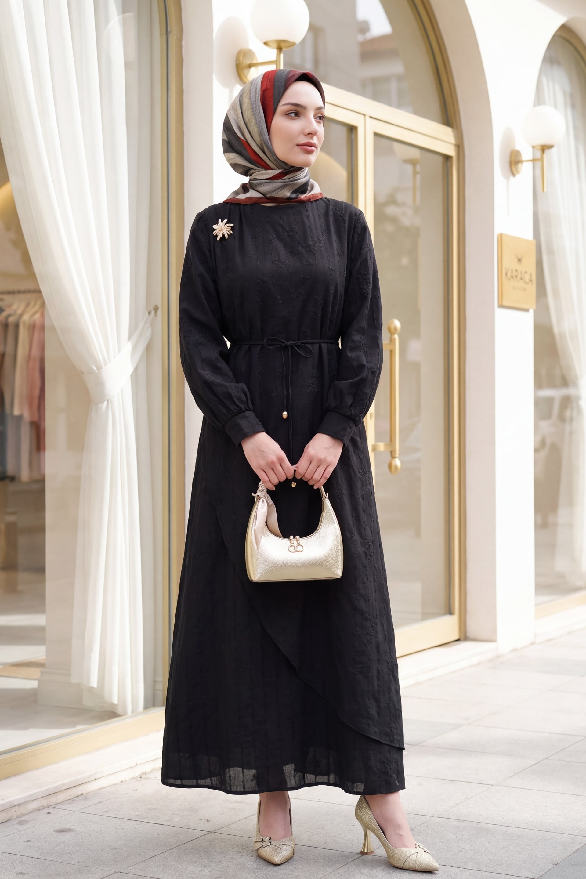 Black Double Layer Waist-Tied Brooch Lined Linen Look Dress - Podyumplus - by Peralane - photo 3
