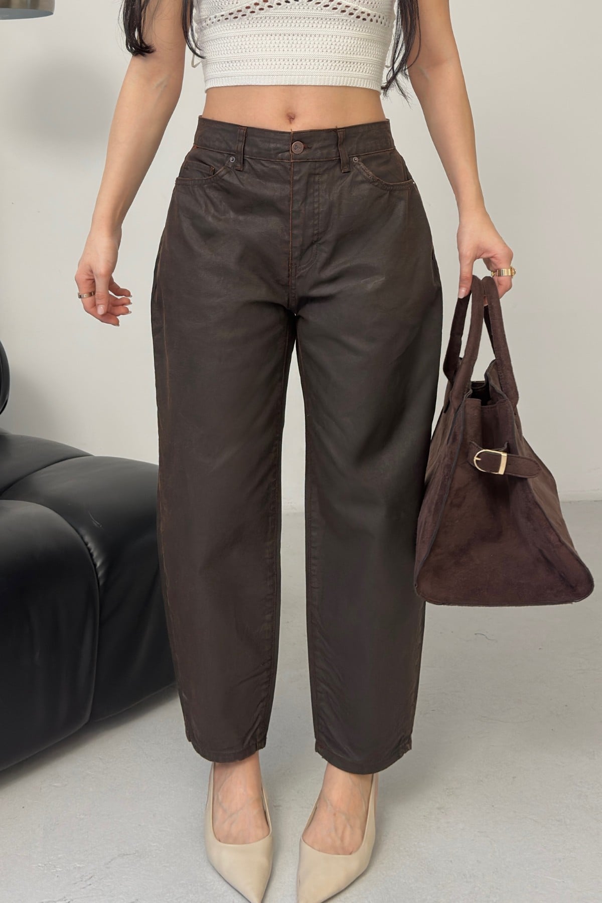 Women's Faux Leather Mom Jeans - Brown - Dominic Fit - Xlove - by Peralane - photo 3