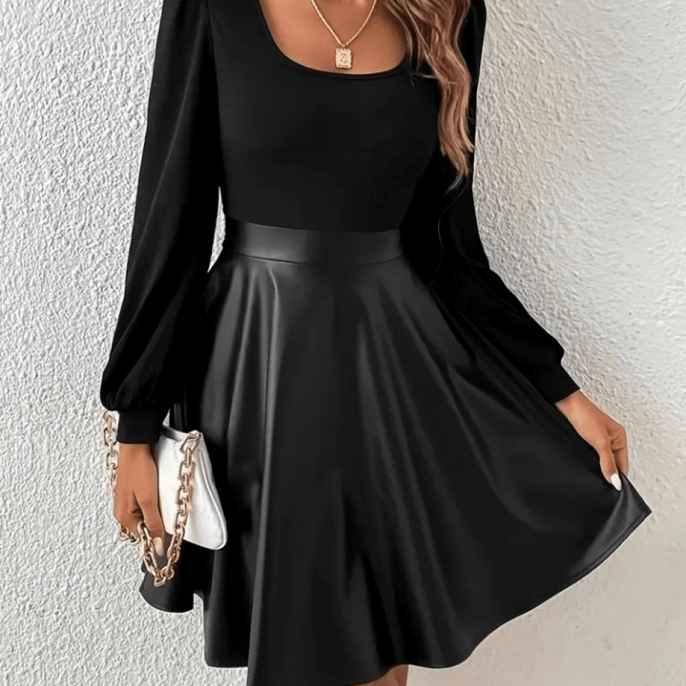 Women's Long-Sleeve Square Neck Top with Faux Leather Mini Skirt Set - Janes - by Peralane - photo 2