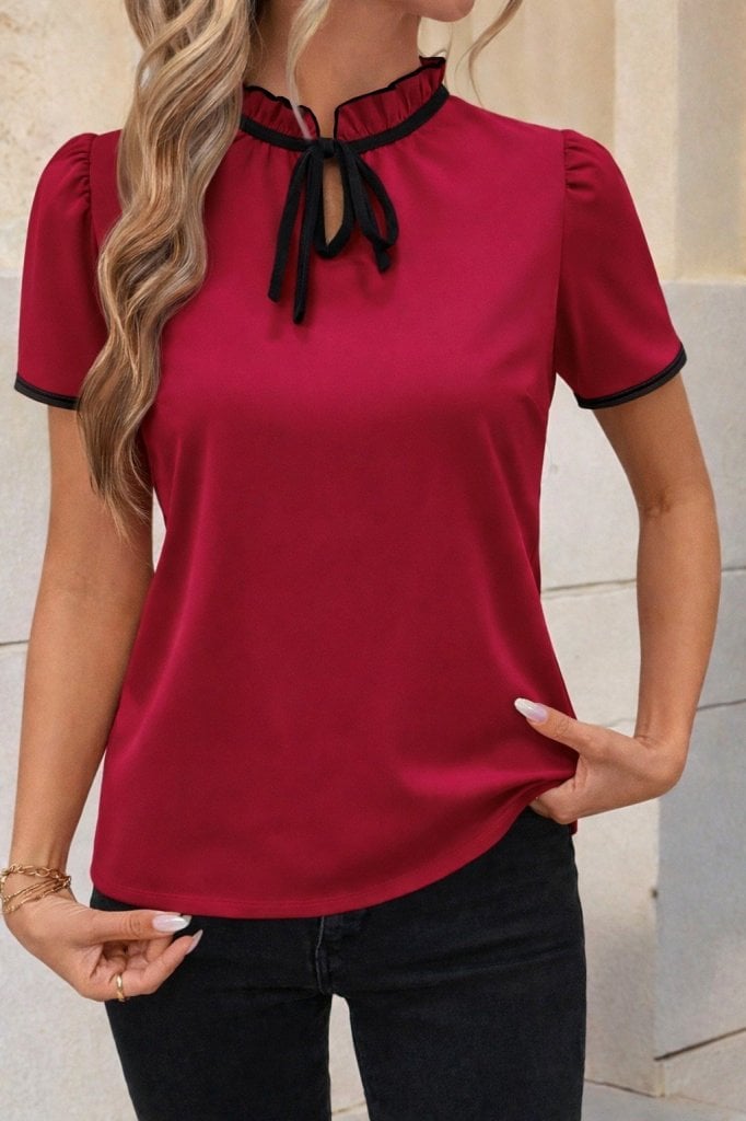 Women's Short-Sleeved Ruffled Neck Tie Blouse in Red - Janes - by Peralane - photo 2