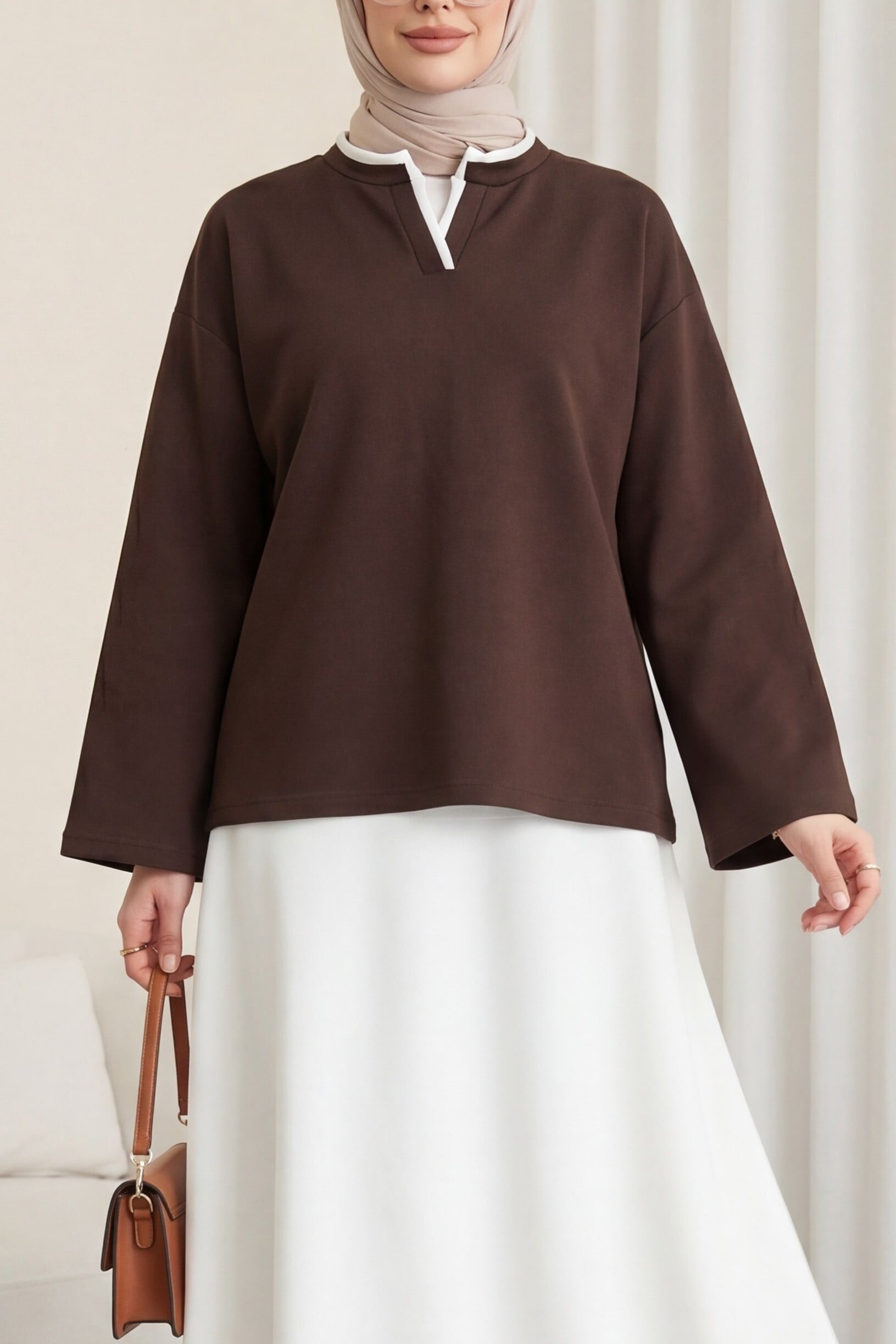 V-Neck Double Layer 2-Thread Jersey Blouse - Coffee Brown - Podyumplus - by Peralane