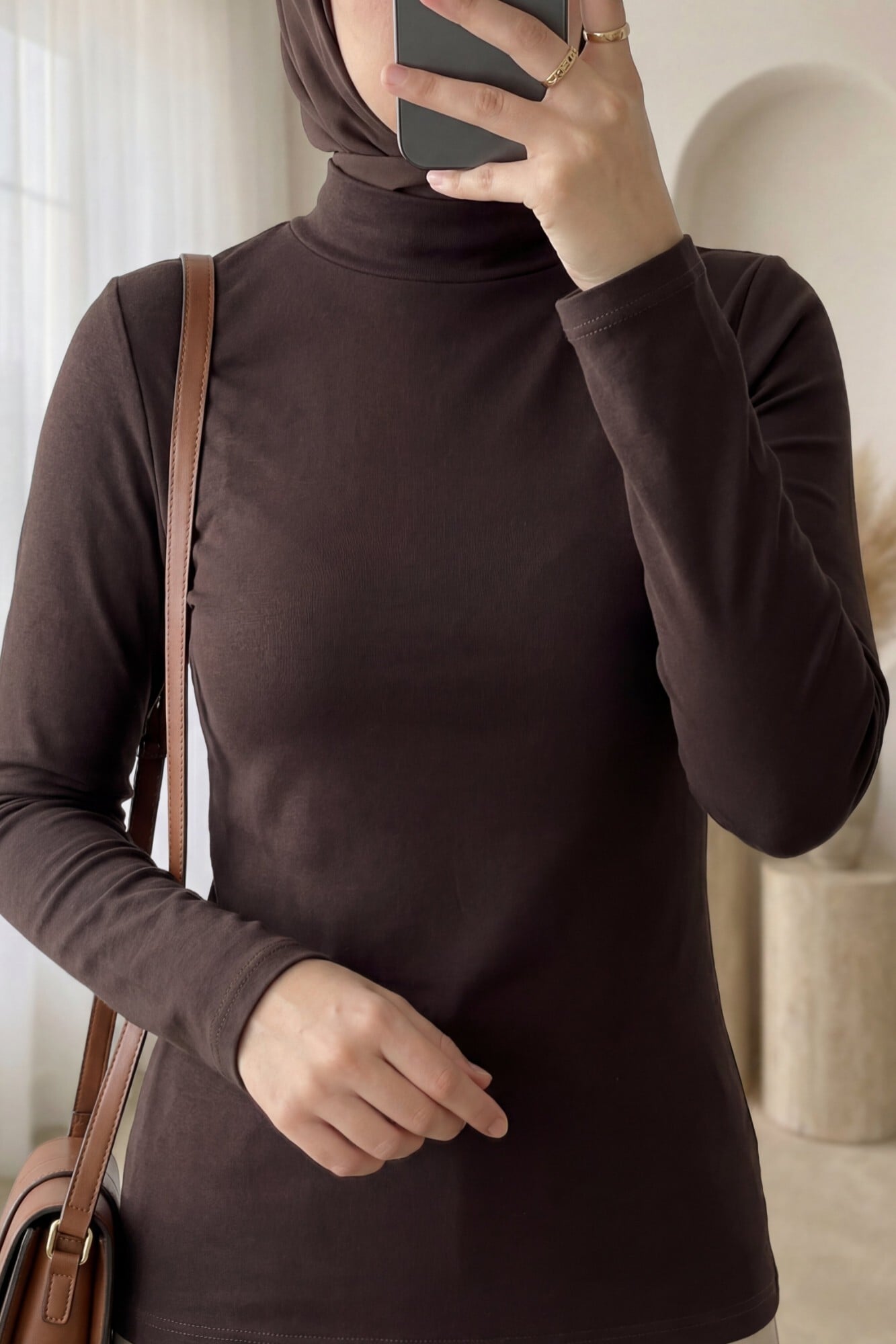 Women's Mock Neck Long Sleeve T-Shirt - Brown - Podyumplus - by Peralane - photo 2