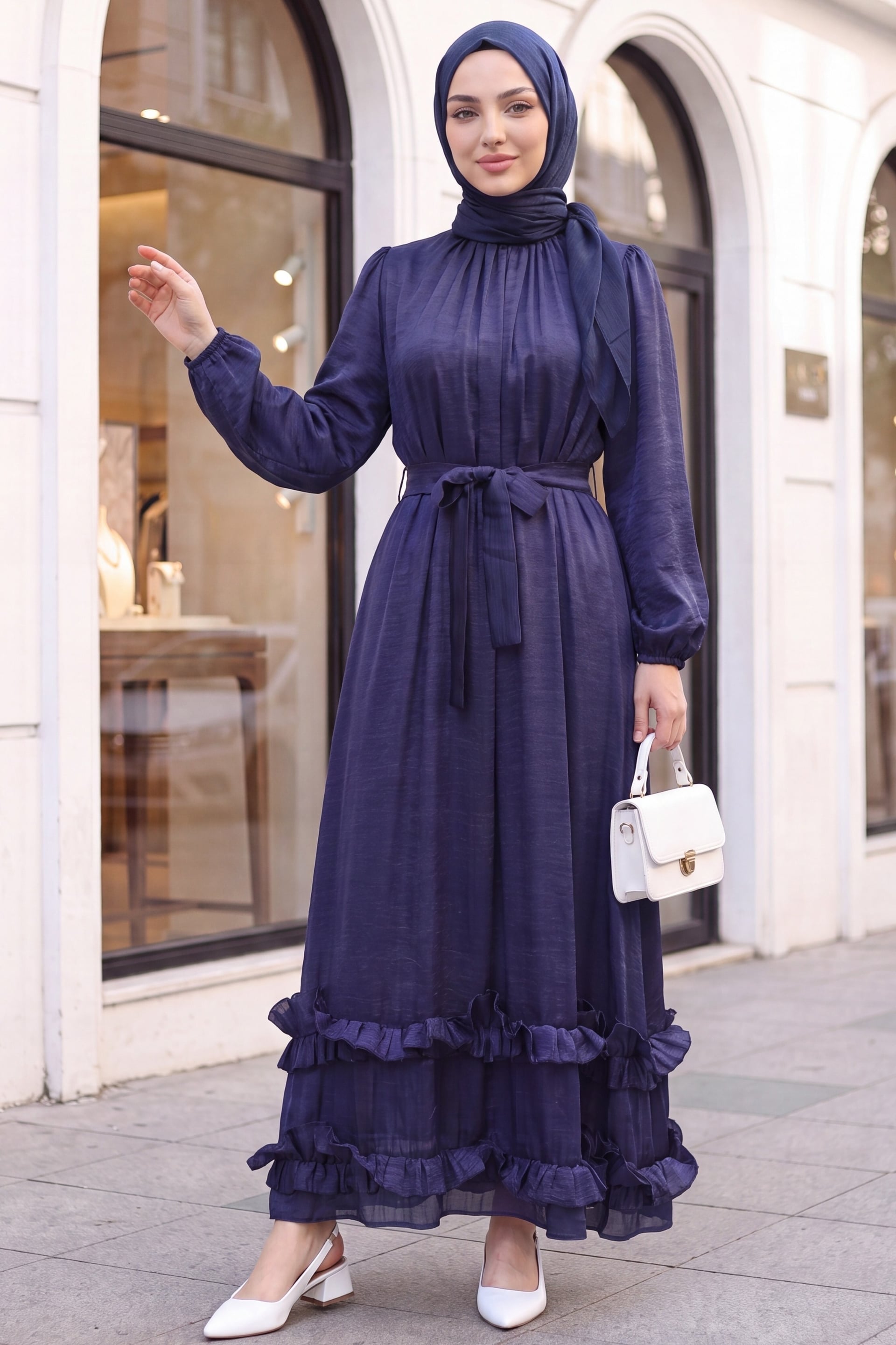 Long Navy Blue Crinkle Crepe Dress with Ruffled Collar and Hem - Podyumplus - by Peralane - photo 2