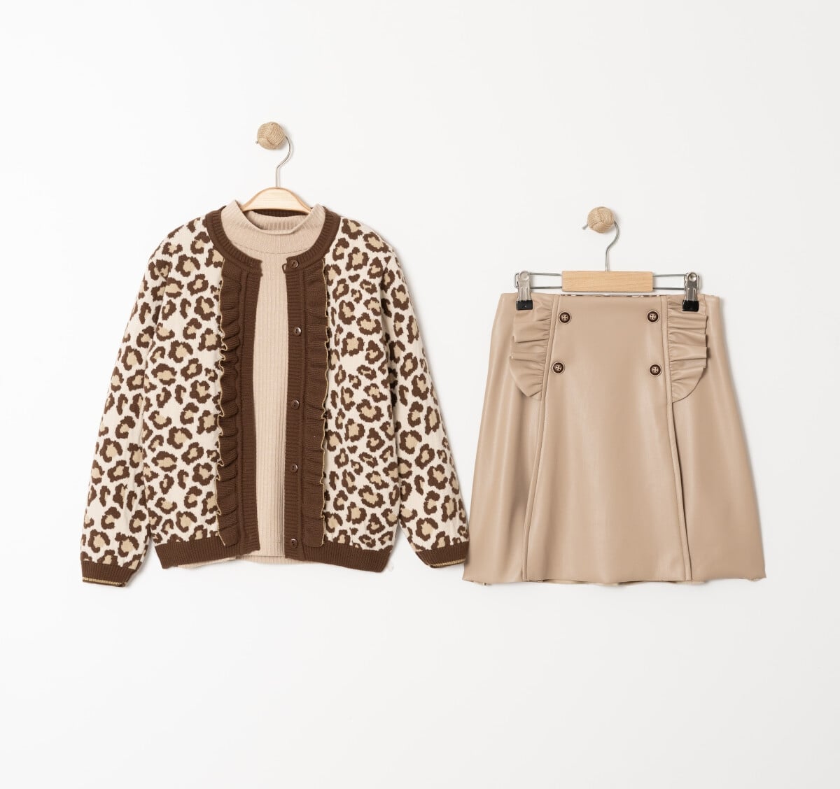 Girls' 3-Piece Knitted Cardigan, Faux Leather Skirt and Bodysuit Set 6-9Y Beige - Gocoland - by Peralane