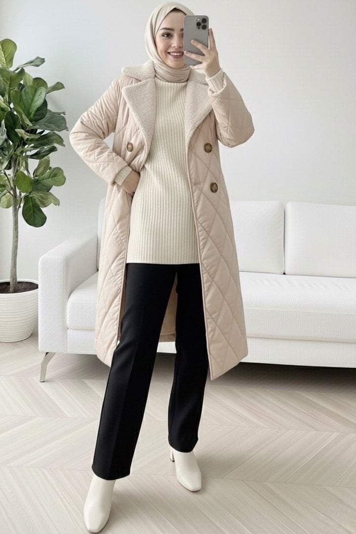 Quilted Coat with Fur Collar, Belted Waist, and Double-Breasted Buttons - Stone - Podyumplus - by Peralane