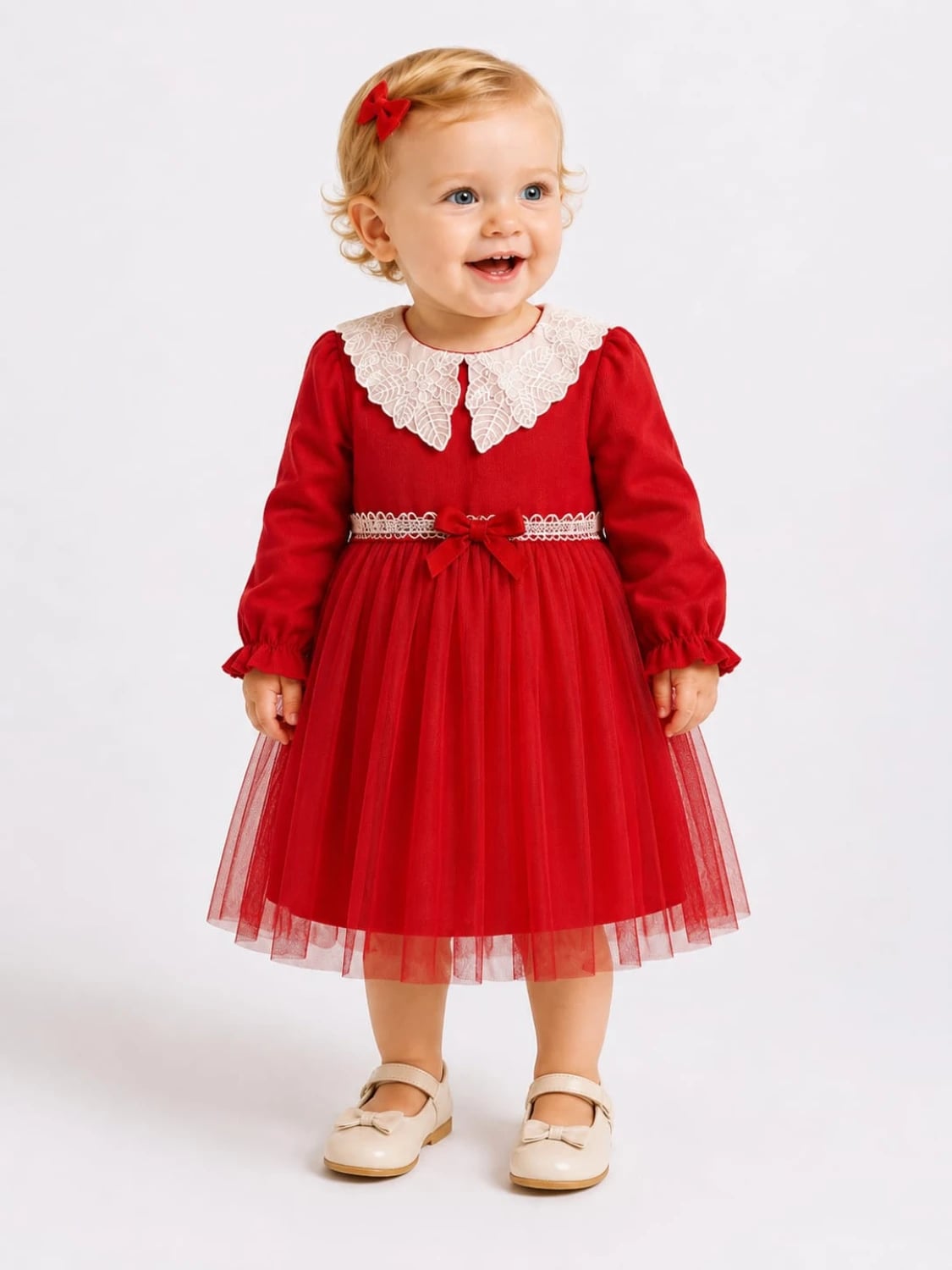 Girl's Red Tulle Dress with Lace Collar - 1042 - Serkon Baby - by Peralane