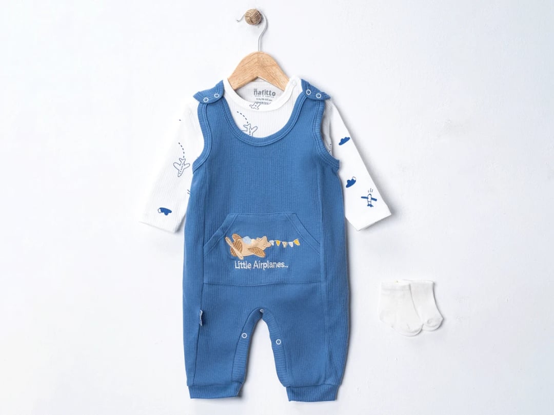Blue Airplane Print Baby Romper Set with Socks - Nafitto - by Peralane