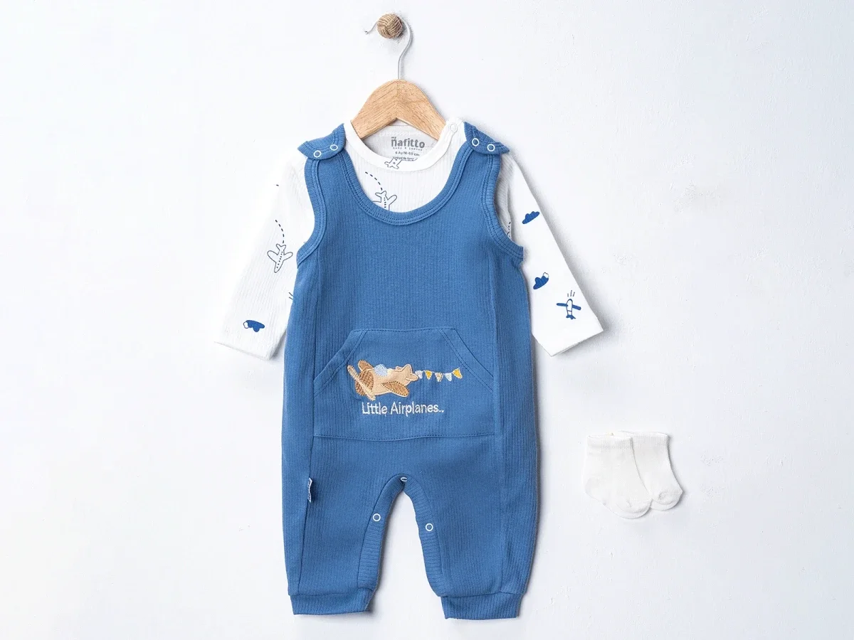 Blue Airplane Print Baby Romper Set with Socks - Nafitto - by Peralane