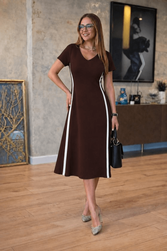 Women's Brown Midi Dress with Contrast Side Stripes - Janes - by Peralane - photo 3