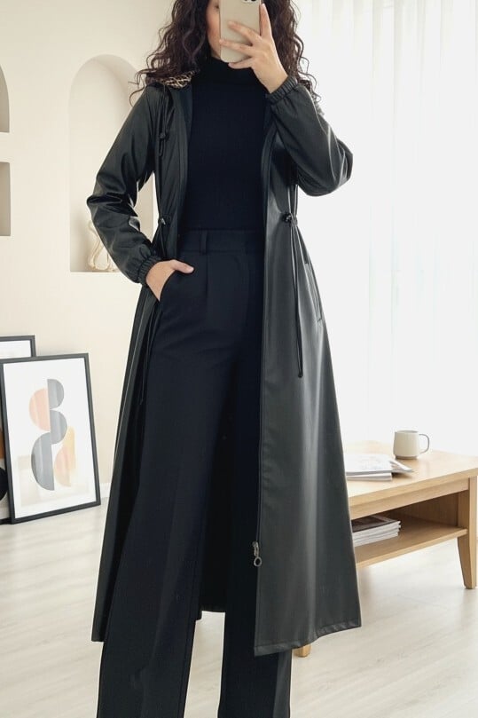 Tunnel Drawstring Hooded Long Faux Leather Coat - Black - Podyumplus - by Peralane