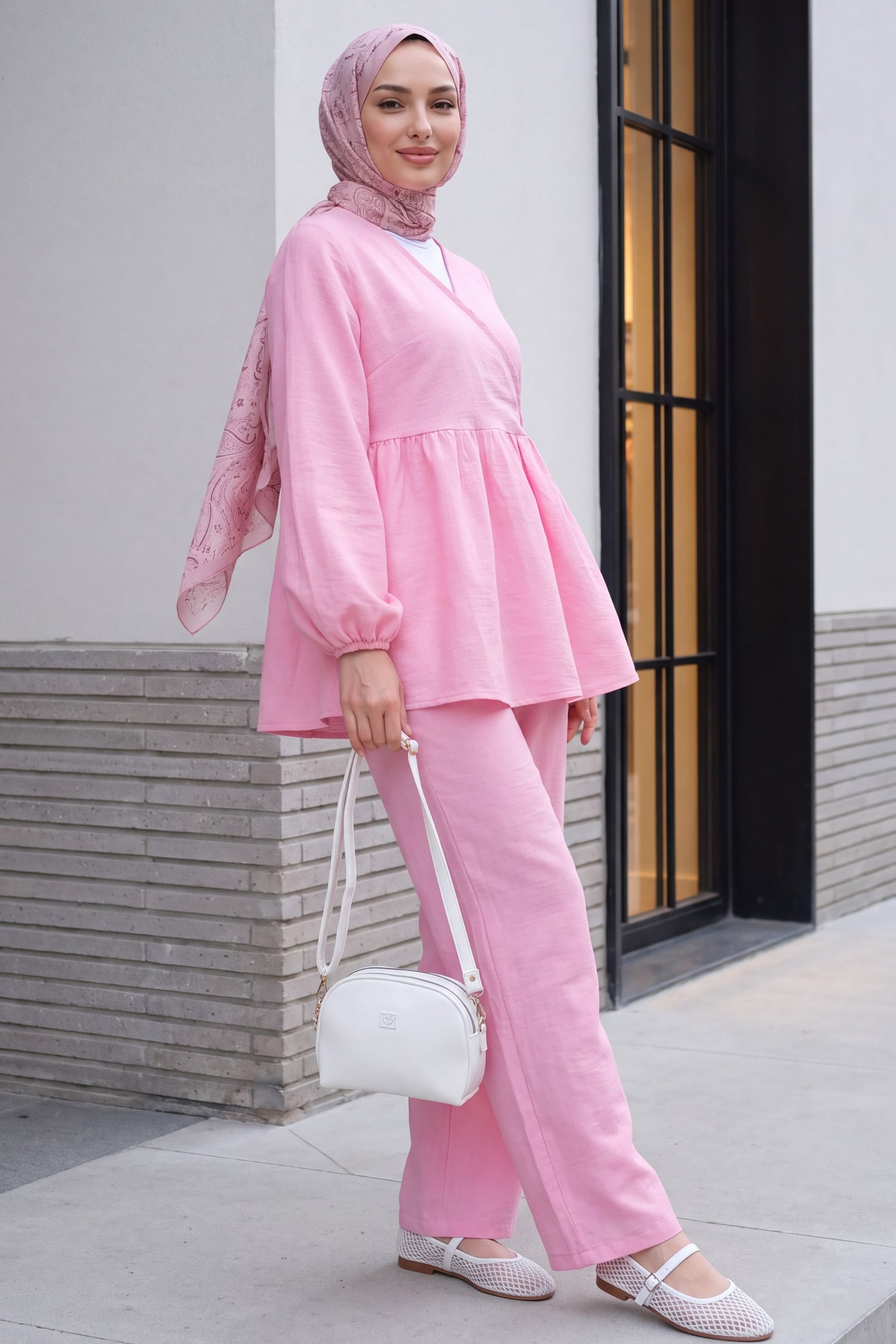 Pink Muslin Two-Piece Set: Peplum Top and Trousers - Podyumplus - by Peralane - photo 2