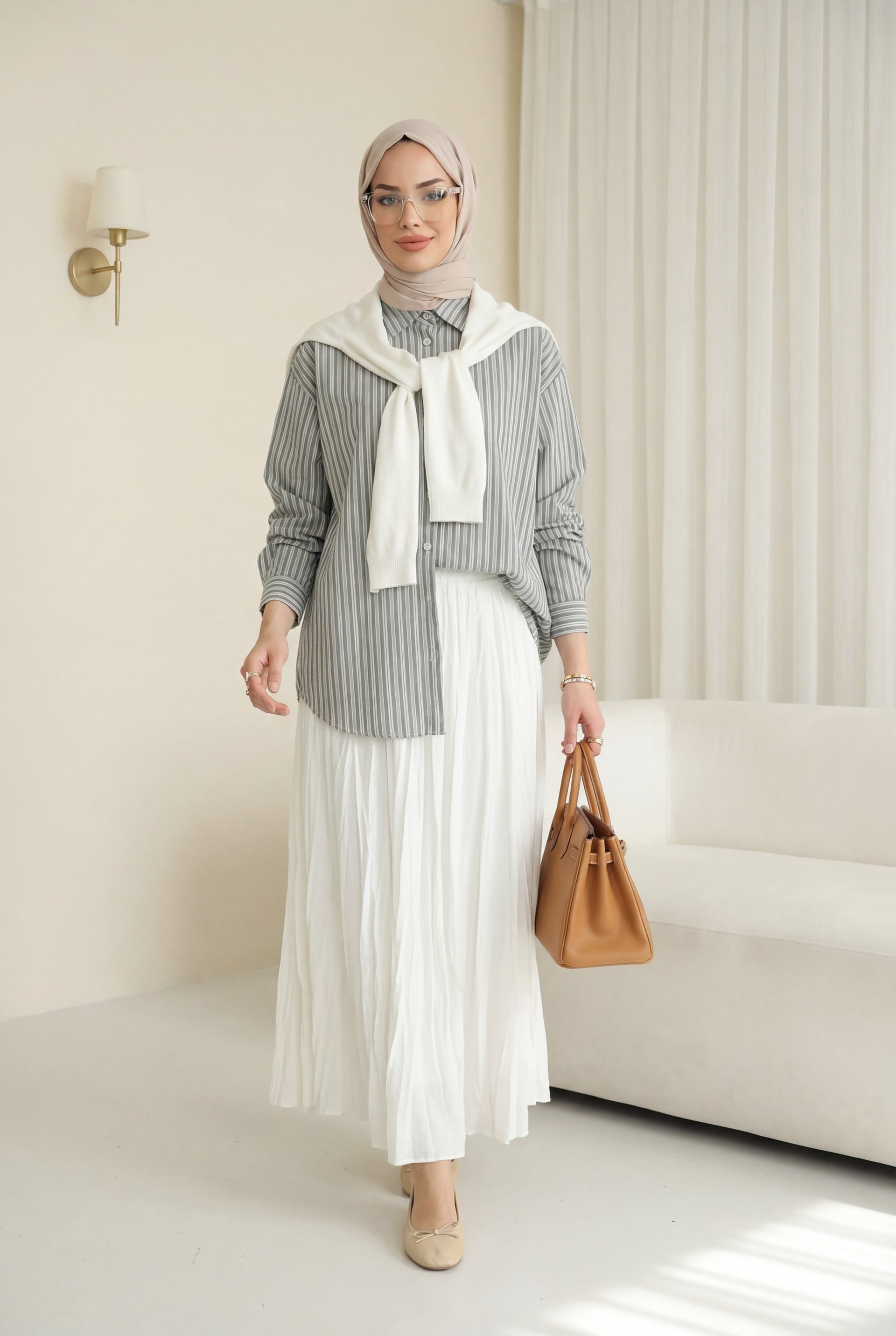 Striped Viscose Shirt with Knit Scarf Detail - Olive Green - Podyumplus - by Peralane - photo 3