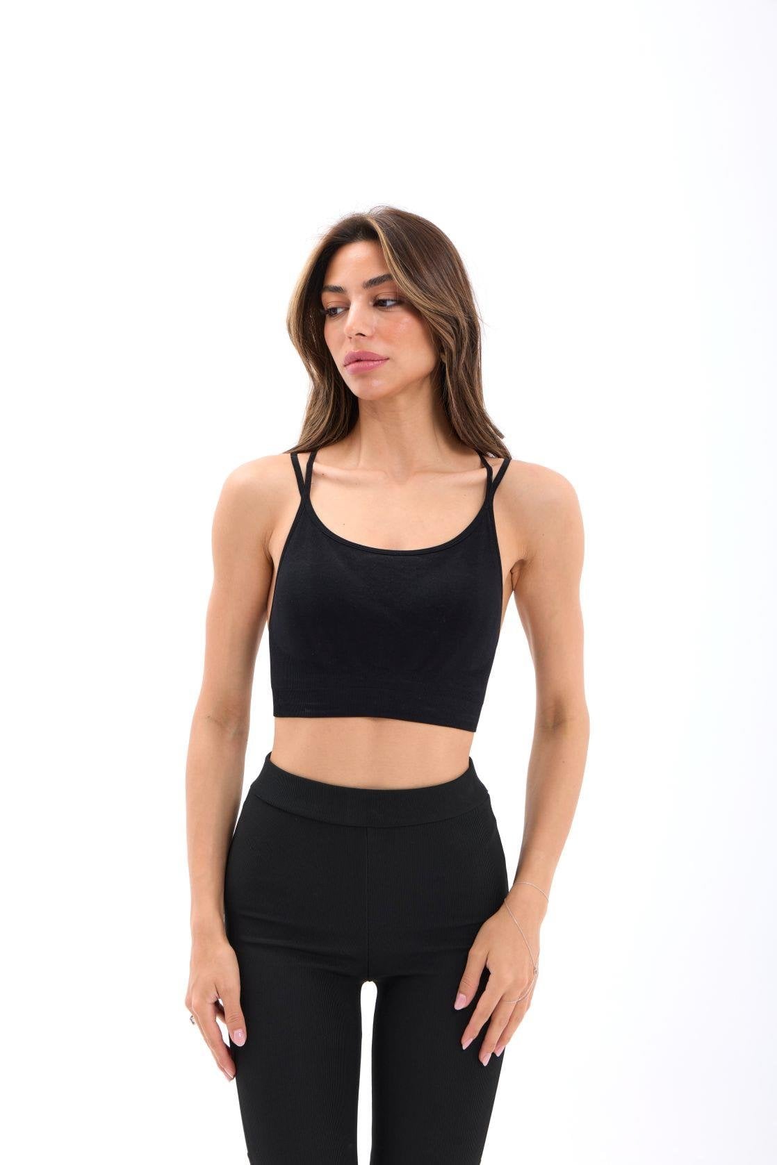 Black Ribbed Knit Sports Bra with Spaghetti Straps - Fame - by Peralane
