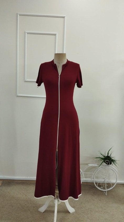 Women's Maroon Short-Sleeve Flared Midi Dress with Front Zipper - Janes - by Peralane - photo 4