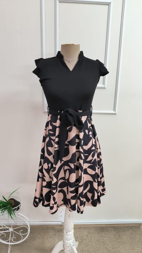 Women's Short Sleeve Flutter Sleeve Mini Belted Flared Crepe Dress - Janes - by Peralane - photo 4