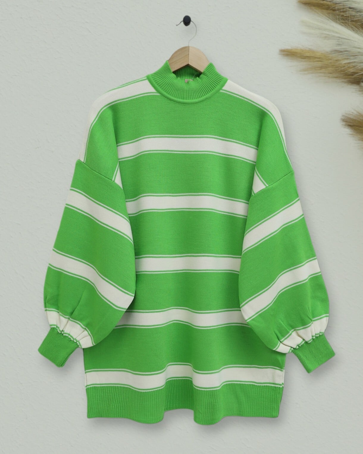 Striped Half-Collar Balloon Sleeve Knit Tunic - Light Green - Podyumplus - by Peralane - photo 3