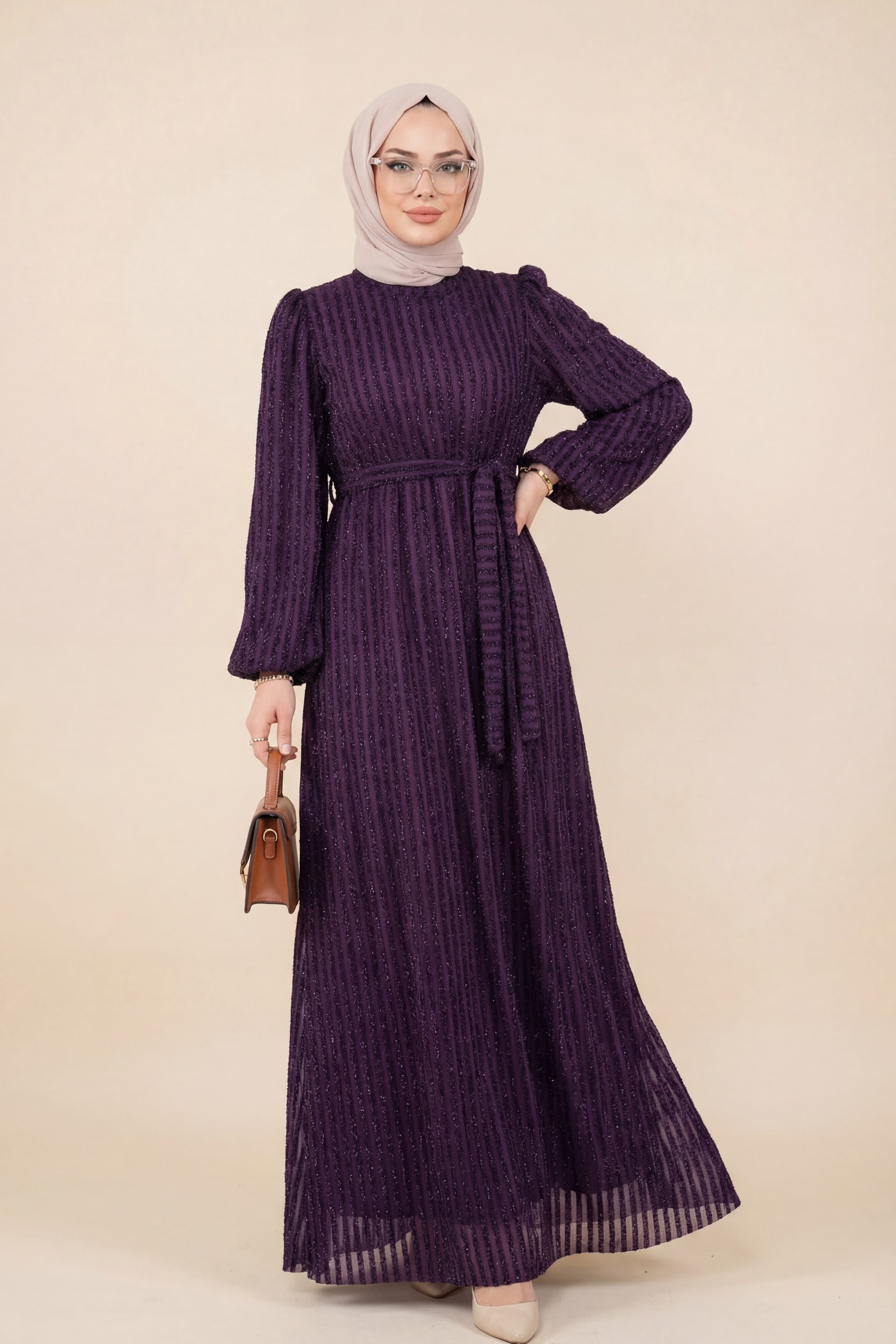 Elastic-Sleeve Sequin-Striped Belted Dress in Purple - Podyumplus - by Peralane - photo 3