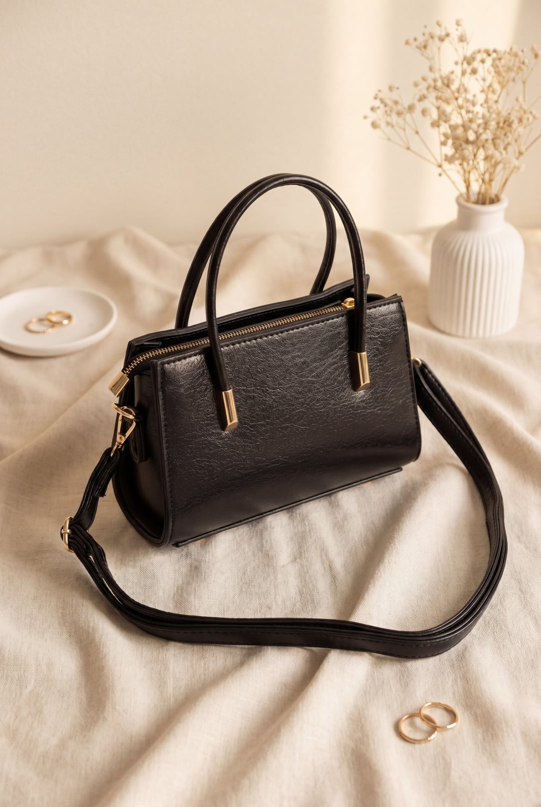 Black Patent Leather Handbag with Zip Top and Detachable Strap - Podyumplus - by Peralane - photo 2