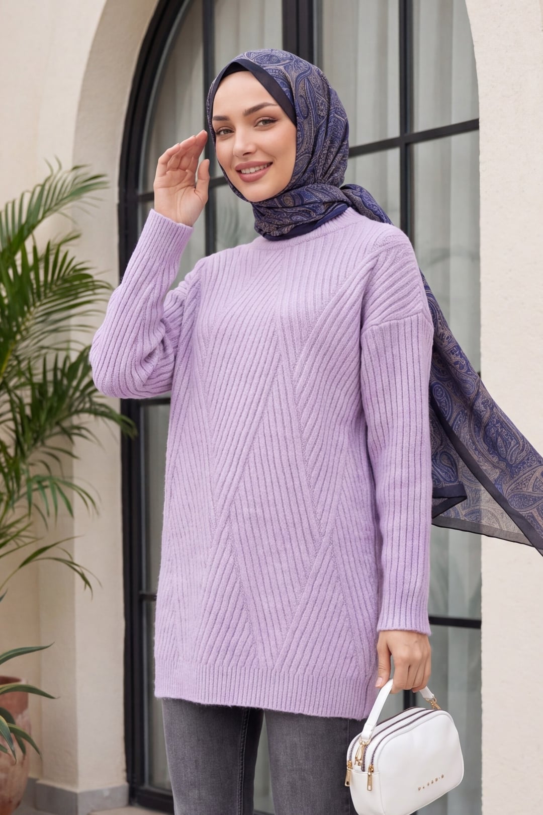 Lilac Ribbed Knit Diamond Pattern Tunic Sweater - Podyumplus - by Peralane - photo 6