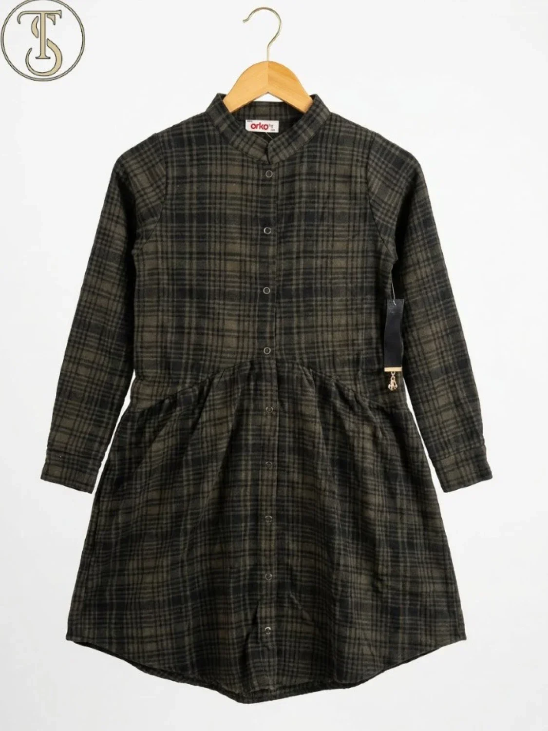 Girl's Plaid Long-Sleeve Dress with Mandarin Collar - Haki - Has Bereket - by Peralane
