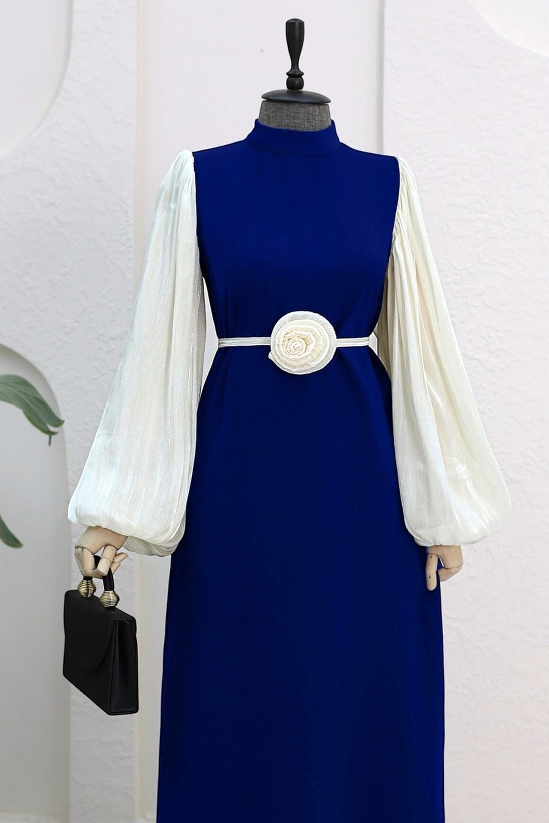 Balloon Sleeve Dress with Rose Belt - Dark Navy - Podyumplus - by Peralane - photo 2