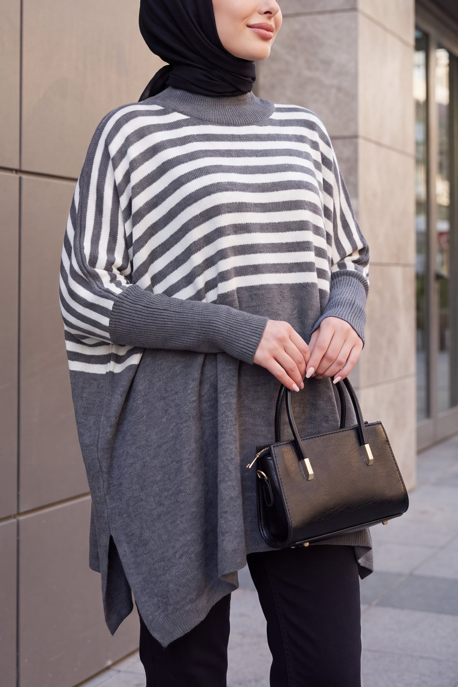 Grey Oversize Poncho Knit Sweater with Side Slits - Bigdart - by Peralane