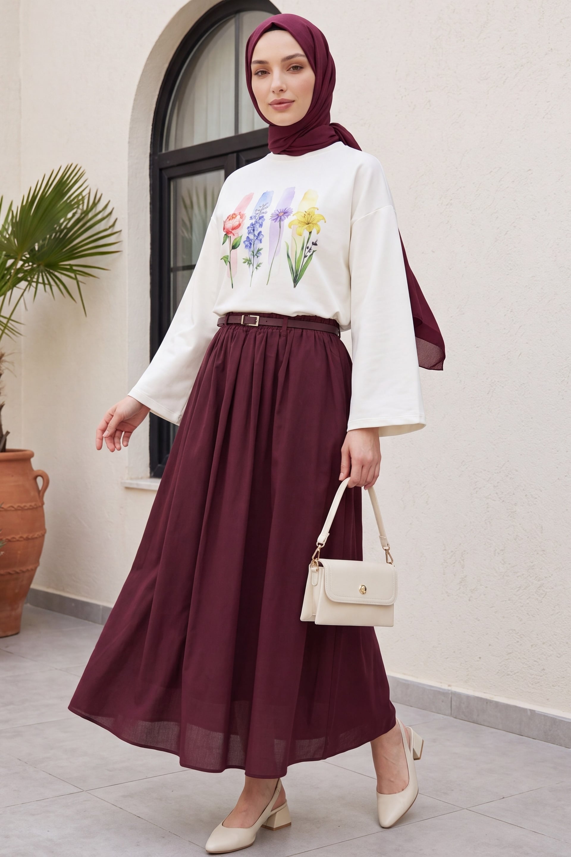 Floral Print Crew Neck Oversize 2-Thread Jersey Sweatshirt - Ecru - Podyumplus - by Peralane - photo 5