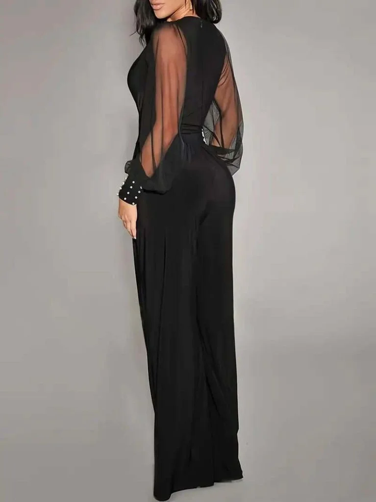 Women's Long-Sleeved Wrap Jumpsuit with Sheer Sleeves, Black Viscose - Janes - by Peralane - photo 2
