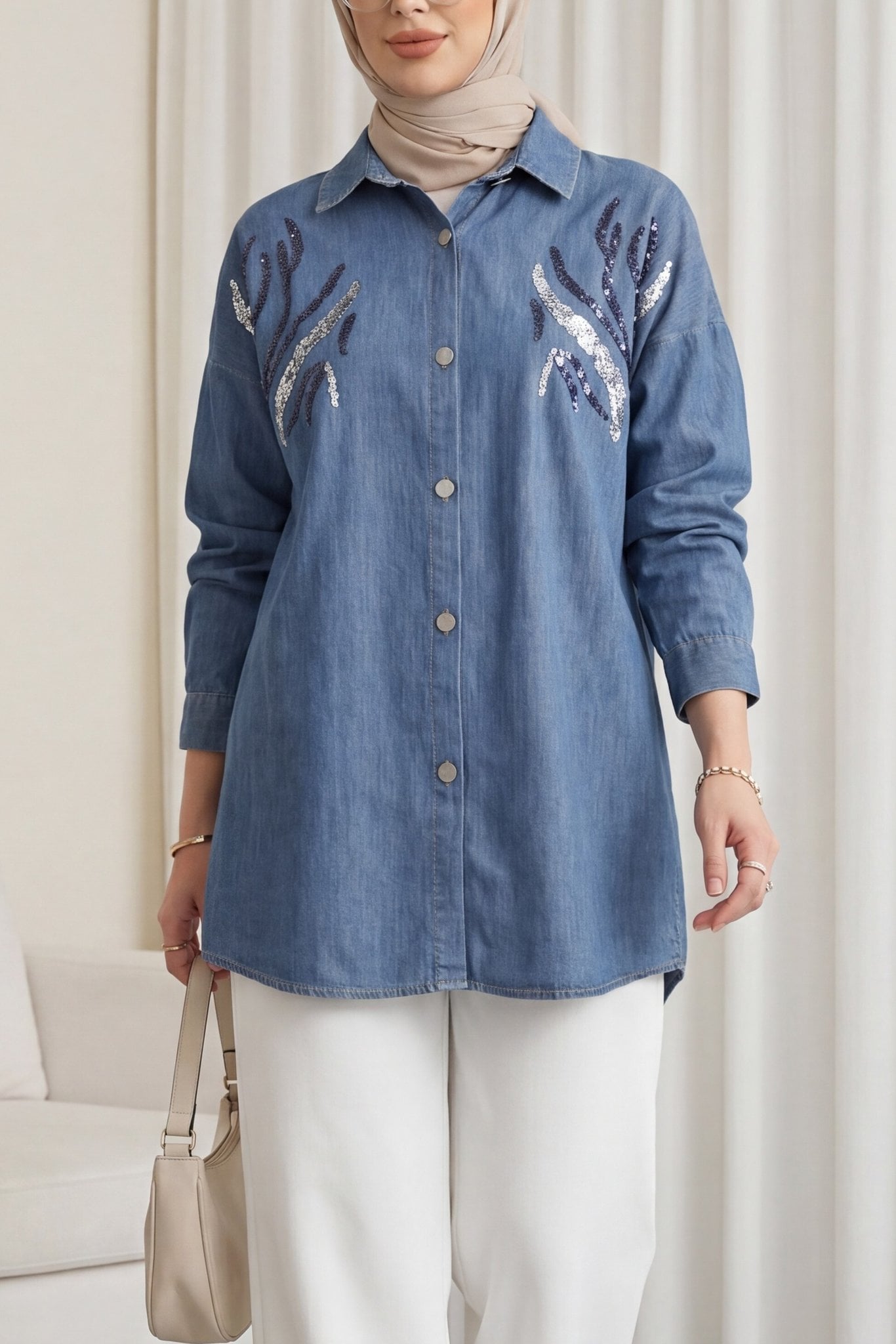 Sequin Embellished Denim Shirt - Indigo - Podyumplus - by Peralane