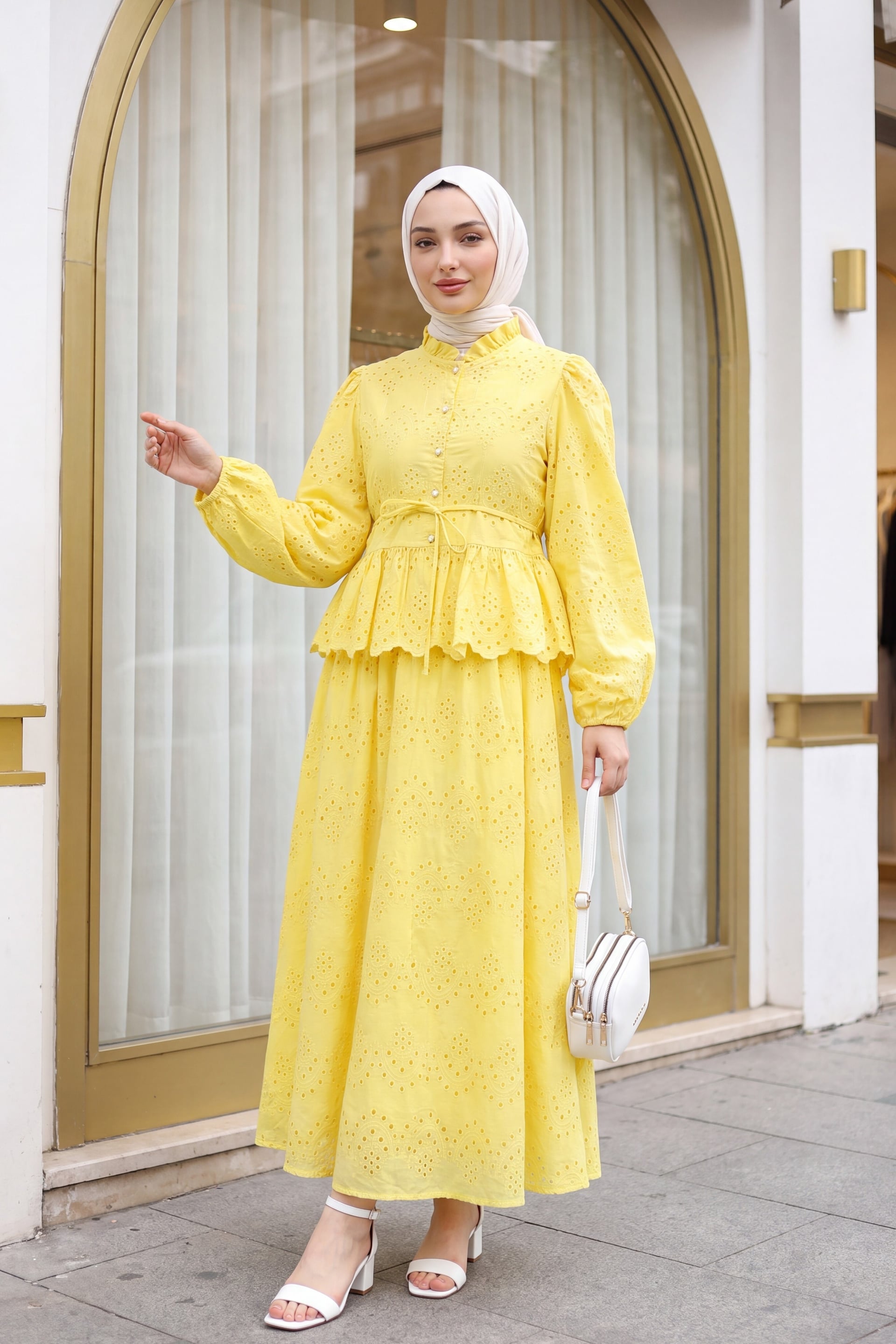 Yellow Eyelet Cotton Blend Two-Piece Set with Puff Sleeves and Belt - Podyumplus - by Peralane