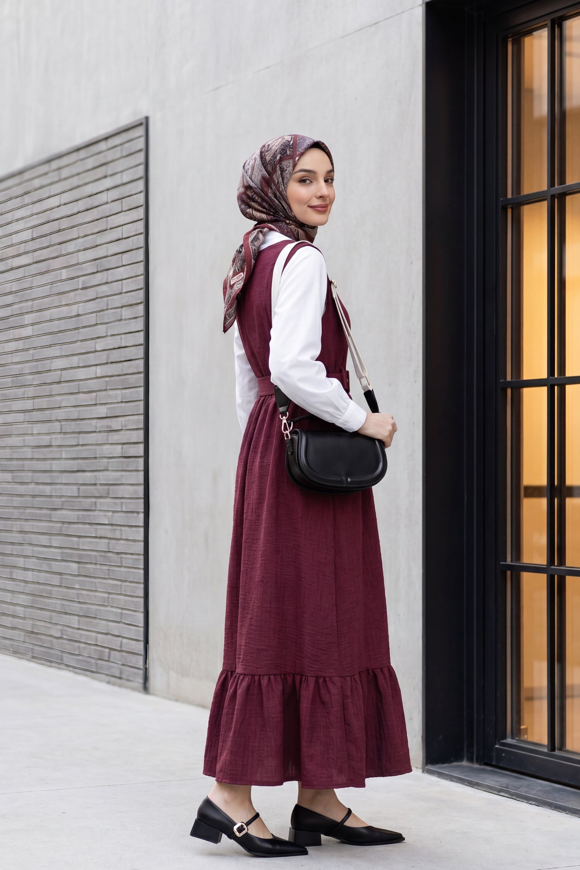 Button-Front Frilled-Hem Belted Jile Dress - Maroon - Podyumplus - by Peralane - photo 4