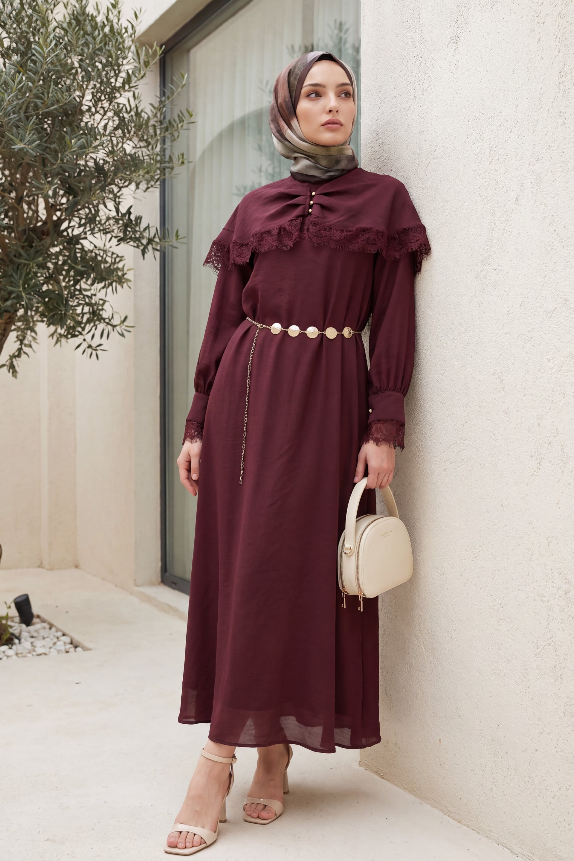 Lace Detail Cape Belted Lined Imported Ibiza Dress - Dark Burgundy - Podyumplus - by Peralane